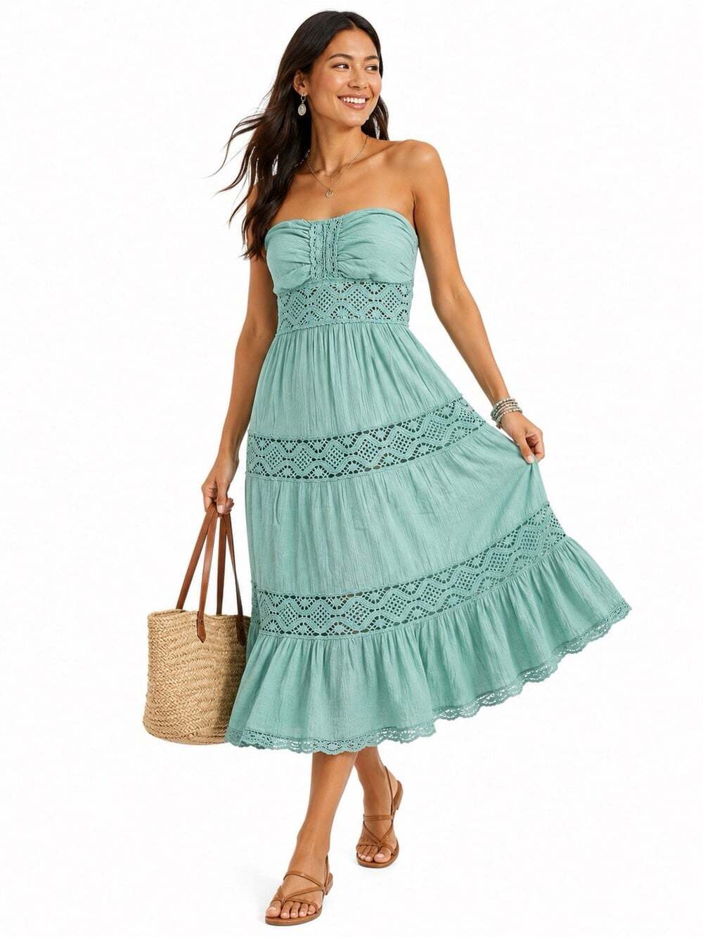 Seventh Avenue Seafoam Lace Midi Dress Strapless Tiered Summer Large Green